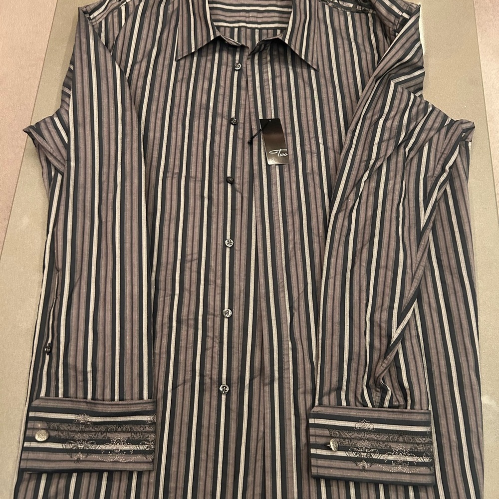 Black and Gray Striped Dress Shirt with Classic Collar